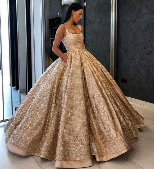 LTP0191,Sweet 16 Dress Ball Gown Prom Dress with Pockets Beads Sequins Floor-Length Gold Quinceanera Dresses