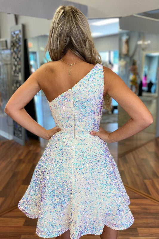 LTP1409,White Iridescent Sequin One-Shoulder A-Line Short Dress
