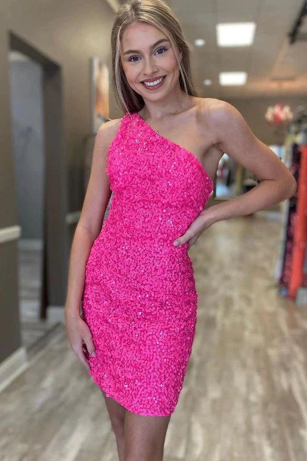 LTP1110,Hot pink one shoulder mini homecoming dresses
