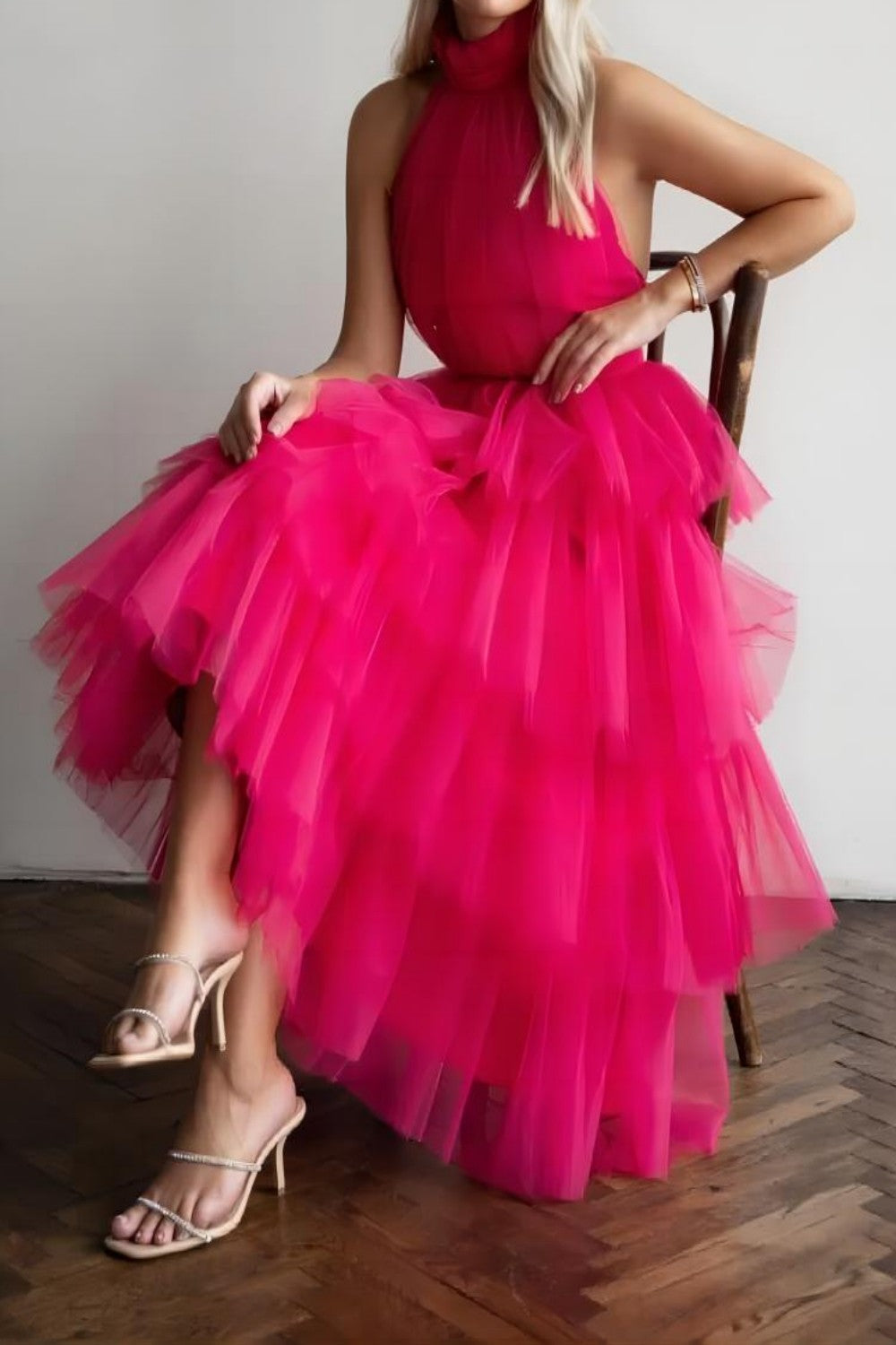 LTP1616,Hot Pink Halter Neck Tulle Tea Length Prom Dresses,A-Line Homecoming Dresses