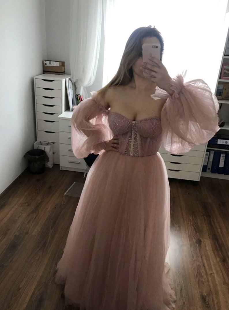 LTP0409,Dusty pink off the shoulder bubble sleeves prom dress