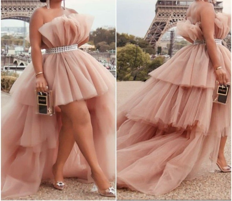 LTP0408,Light pink strapless long prom dresses high low tulle evening dress