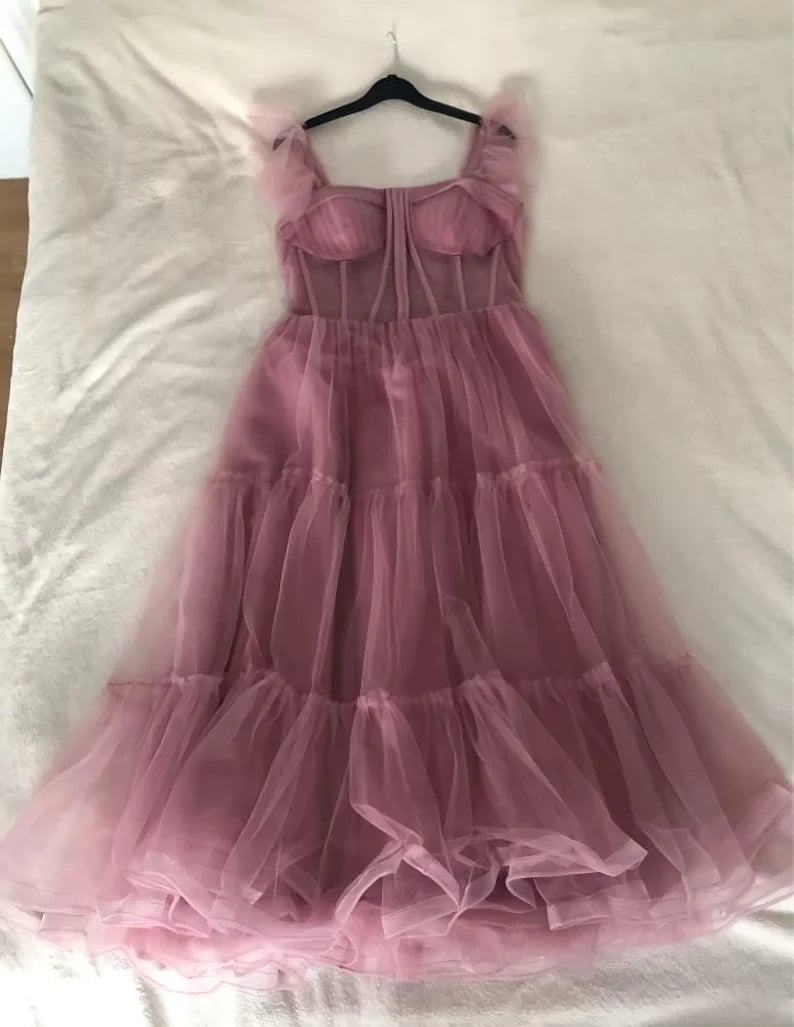 LTP1017,Dusty pink tulle prom dresses sweetheart tea length long evening formal gown