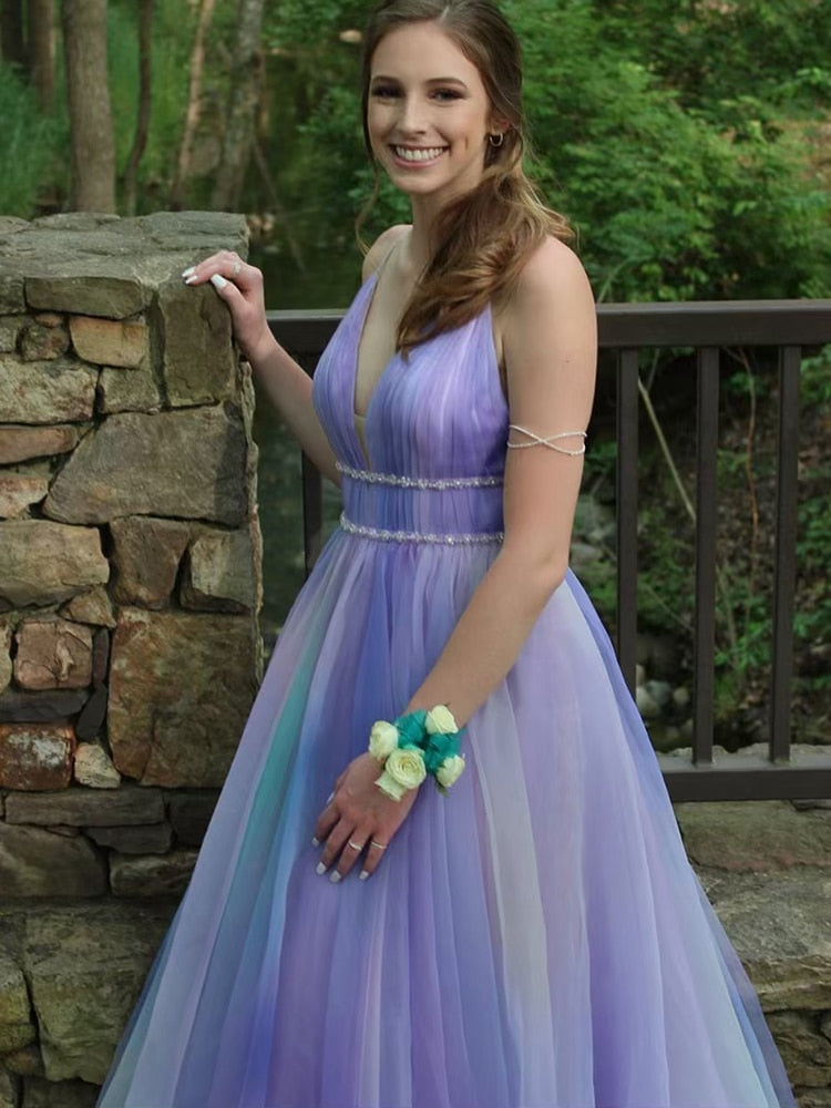 LTP0709,Gradient color spaghetti straps chiffon long prom dress