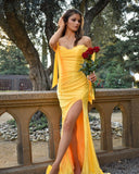 LTP0505,Yellow off the shoulder mermaid pleated evening prom dress