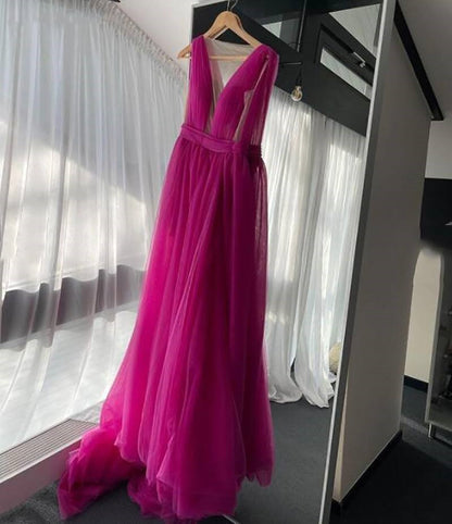 LTP1207,Sexy Deep V-Neck Tulle Prom Dresses,A-Line Hot Pink Evening Formal Gown