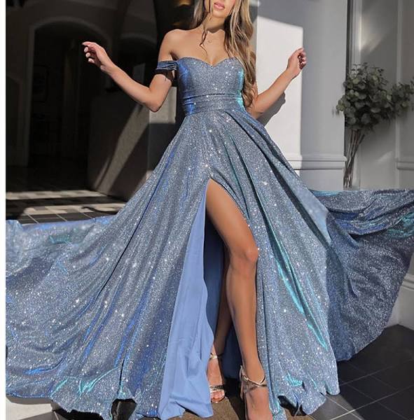 LTP1253,Sparkle Blue Off The Shoulder A-Line Prom Evening Dresses,Long Prom Dress