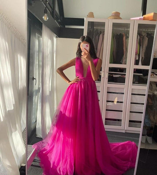 LTP1207,Sexy Deep V-Neck Tulle Prom Dresses,A-Line Hot Pink Evening Formal Gown