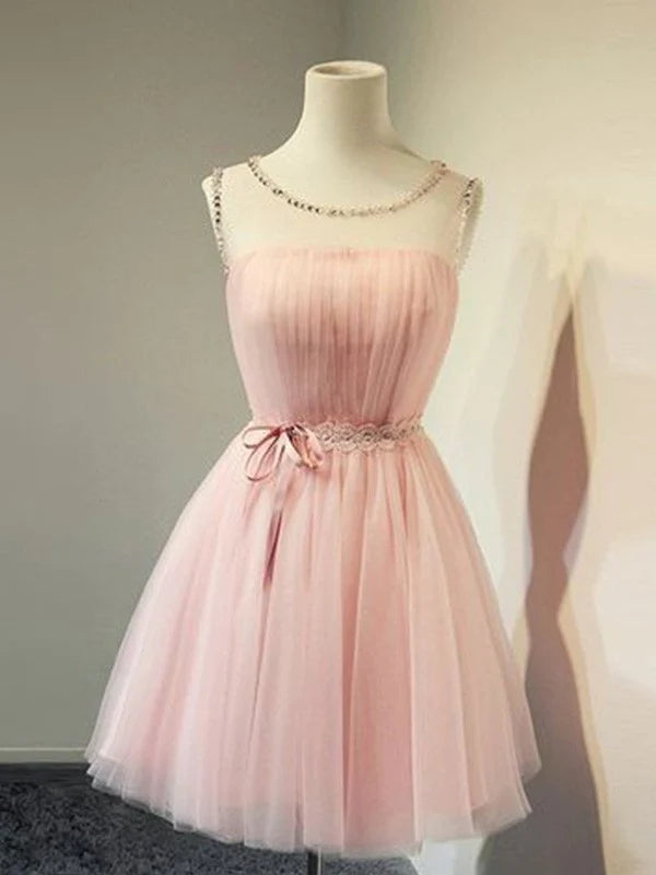 LTP1371,Tulle Scoop Beading A-Line/Princess Sleeveless Short/Mini Homecoming Dresses