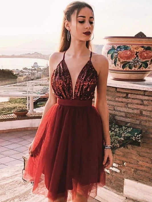 LTP1373,Sleeveless Spaghetti Straps A-Line/Princess Sequin Tulle Short/Mini Homecoming Dresses