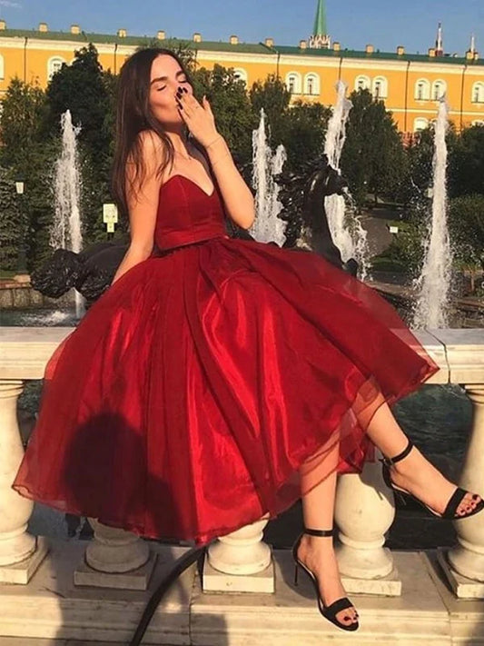 LTP1375,A-Line/Princess Sweetheart Sleeveless Organza Ruffles Tea-Length Homecoming Dresses
