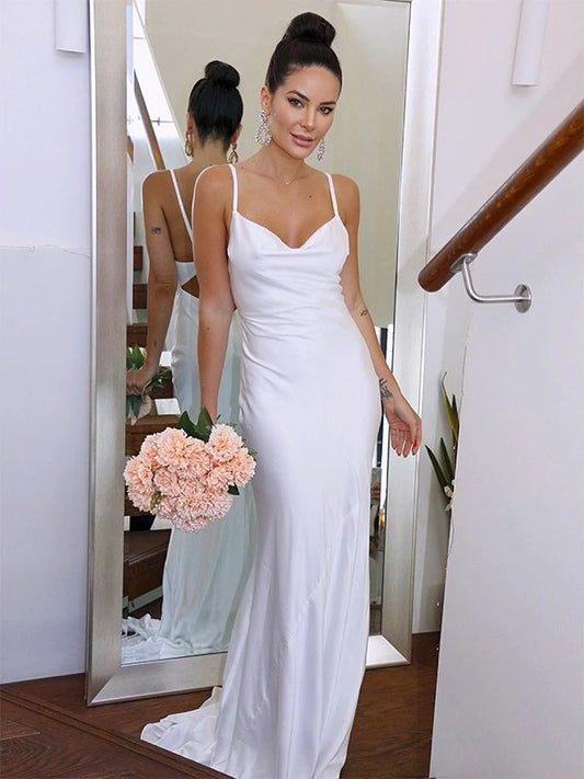 LTP1214,Sweep/Brush Charmeuse Sheath/Column Straps Spaghetti Ruched Sleeveless Train Wedding Dresses