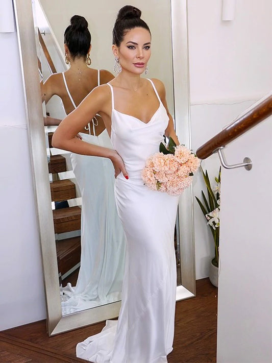 LTP1214,Sweep/Brush Charmeuse Sheath/Column Straps Spaghetti Ruched Sleeveless Train Wedding Dresses