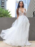 LTP1207,Ruffles Sweep/Brush A-Line/Princess V-neck Sleeveless Lace Train Wedding Dresses