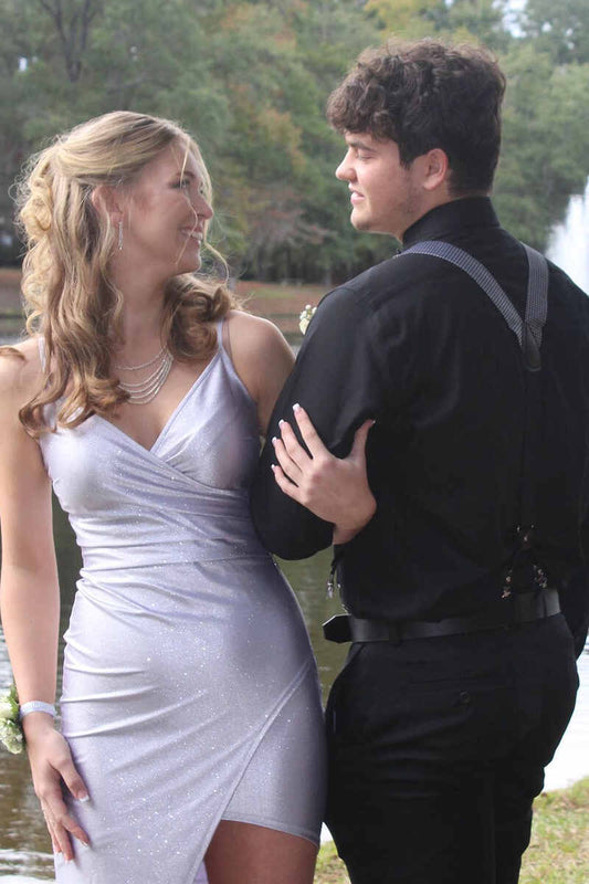 LTP1169,Shiny Light Grey V-Neck Short Homecoming Dress