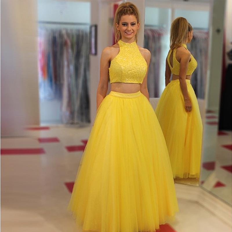 LTP0262,Yellow Two Pieces Beaded Tulle A-Line Prom Dress Evening Dresses