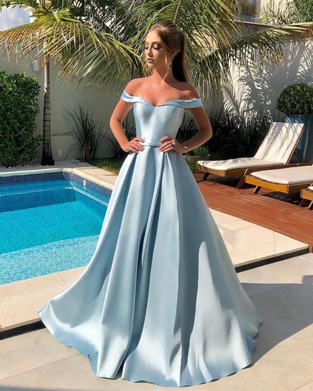 LTP0384,Off the shoulder a-line prom dresses satin light blue evening gown