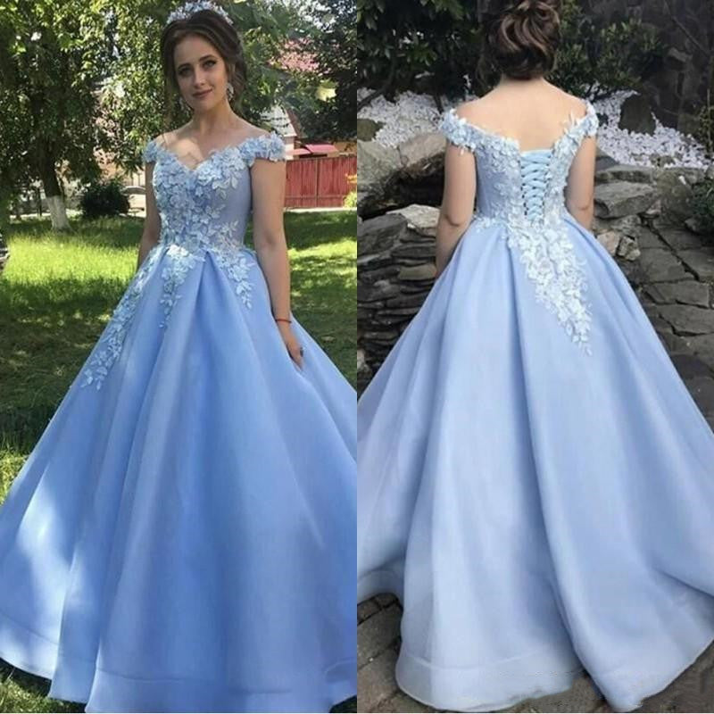 LTP1058,Light blue off the shoulder applique prom dresses,a-line evening long dress