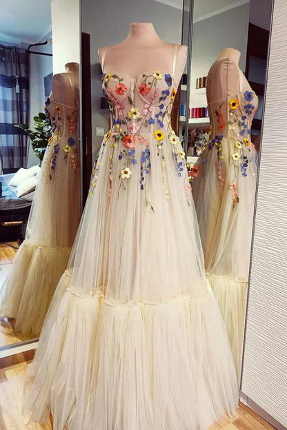 LTP1650,Spaghetti Straps Tulle Floor Length Long Prom Dress with Flowers,Custom Made Floral Evening Gown