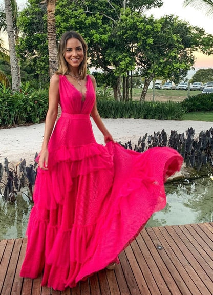 LTP1195,Elegant Hot Pink Evening Dresses,Long Chiffon Lace Prom Evening Dress