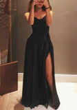 LTP1631,Sexy Black Satin Long Prom Dresses,V-Neck Slip Evening Party Gown