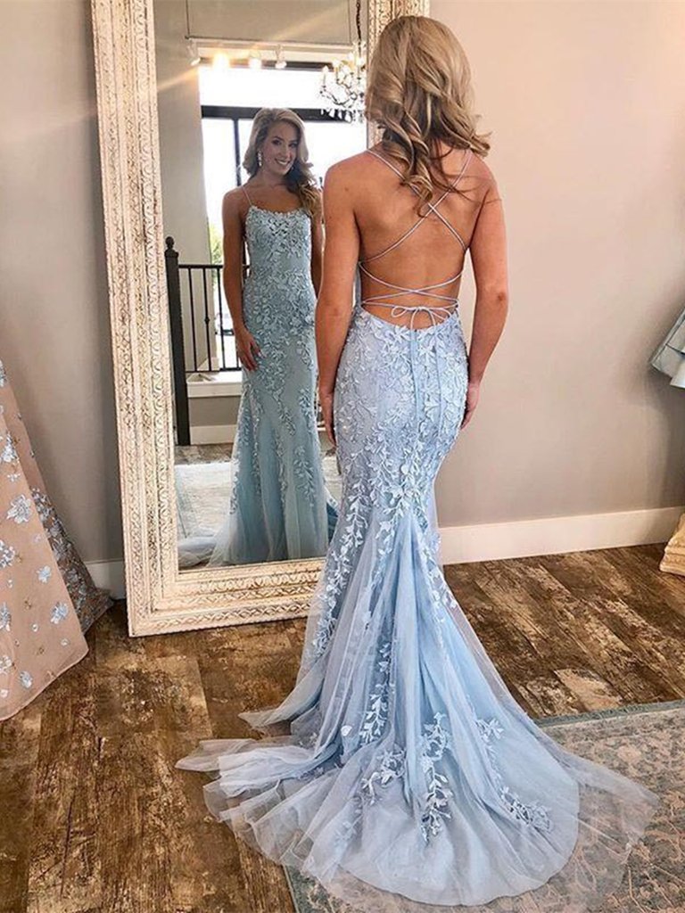 LTP0156,Elegant light blue lace mermaid prom dress cross back evening dresses backless party dress with sweep train