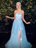 LTP0696,Sky blue lace prom dress spaghetti straps tulle prom dresses cross back long evening dress