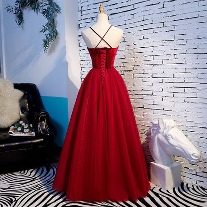 LTP0363,Red spaghetti straps long prom dresses tulle ball gown sweetheart long evening dress