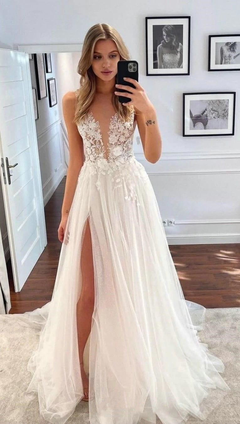 LTP1121,Sexy V-Neck Lace Tulle Wedding Dresses,White Bridal Wedding Gown