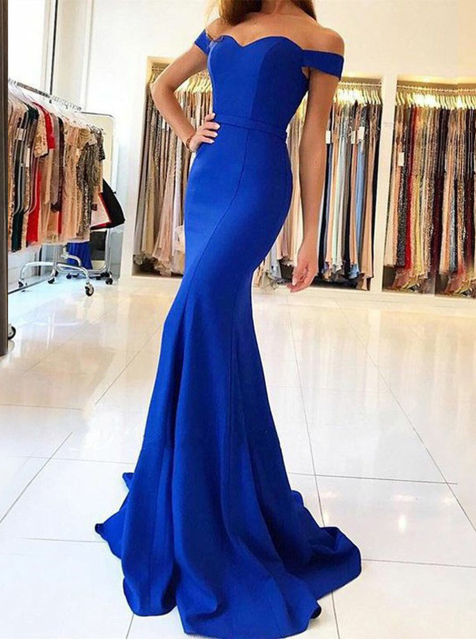 LTP0282,Off the shoulder blue mermaid long prom dress satin evening dresses