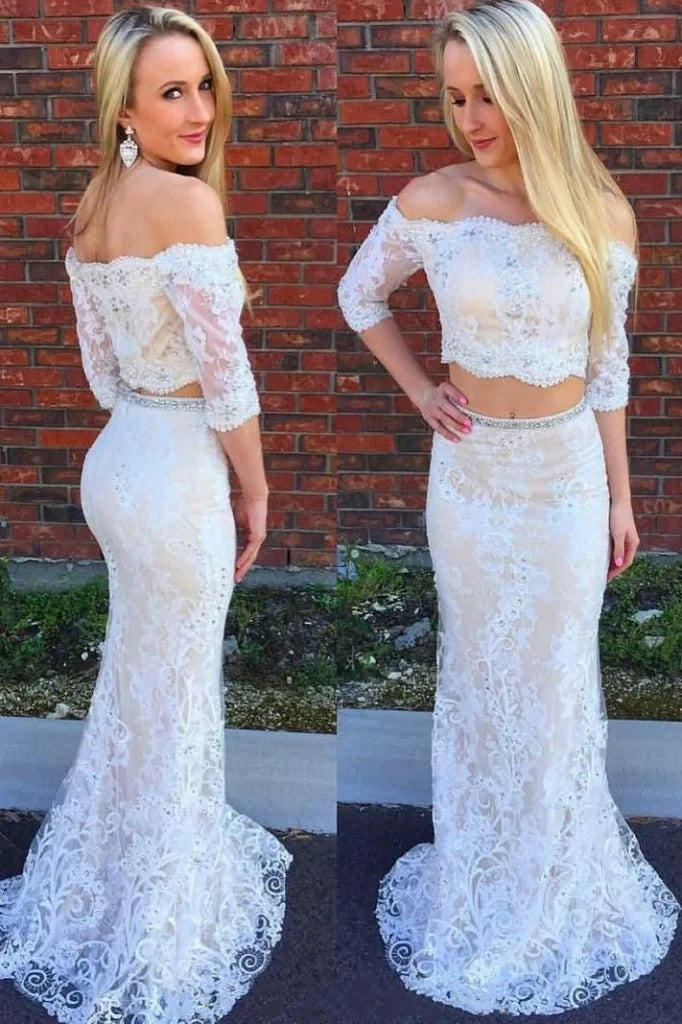 LTP1343,Two Pieces White Lace Prom Evening Dresses White Bridal Gown