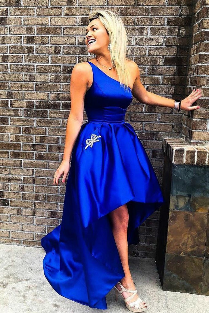 LTP0374,Royal blue high low satin prom dress with pockets