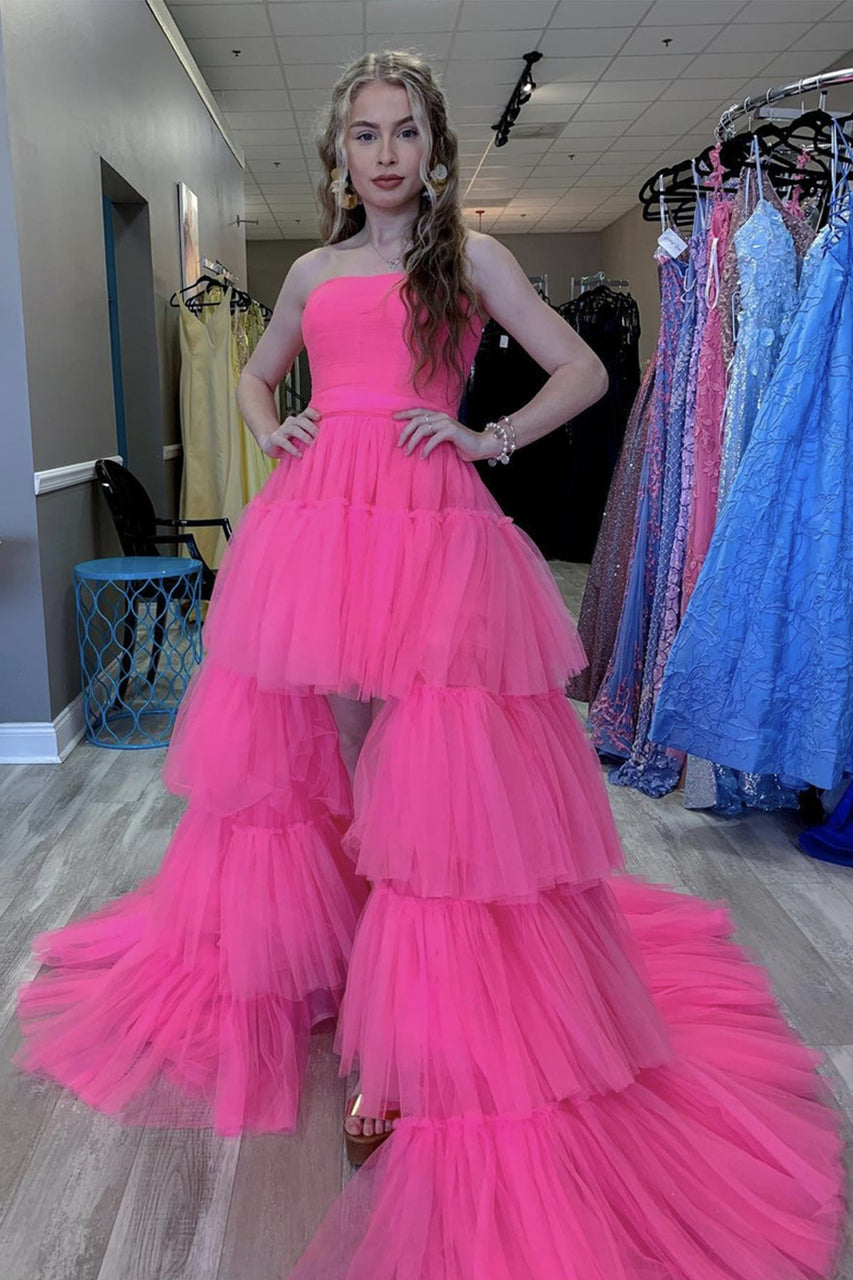 LTP0951,Stylish pink tulle prom dresses high low strapless long party formal gown