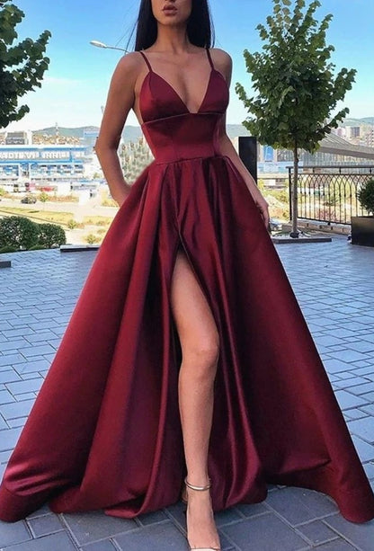 LTP0150,Spaghetti Straps V-neck Long Burgundy Prom Dresses With Split Dark Red Evening Dress
