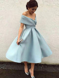 LTP0347,Light blue prom dresses off the shoulder evening dress tea length a line homecoming dresses