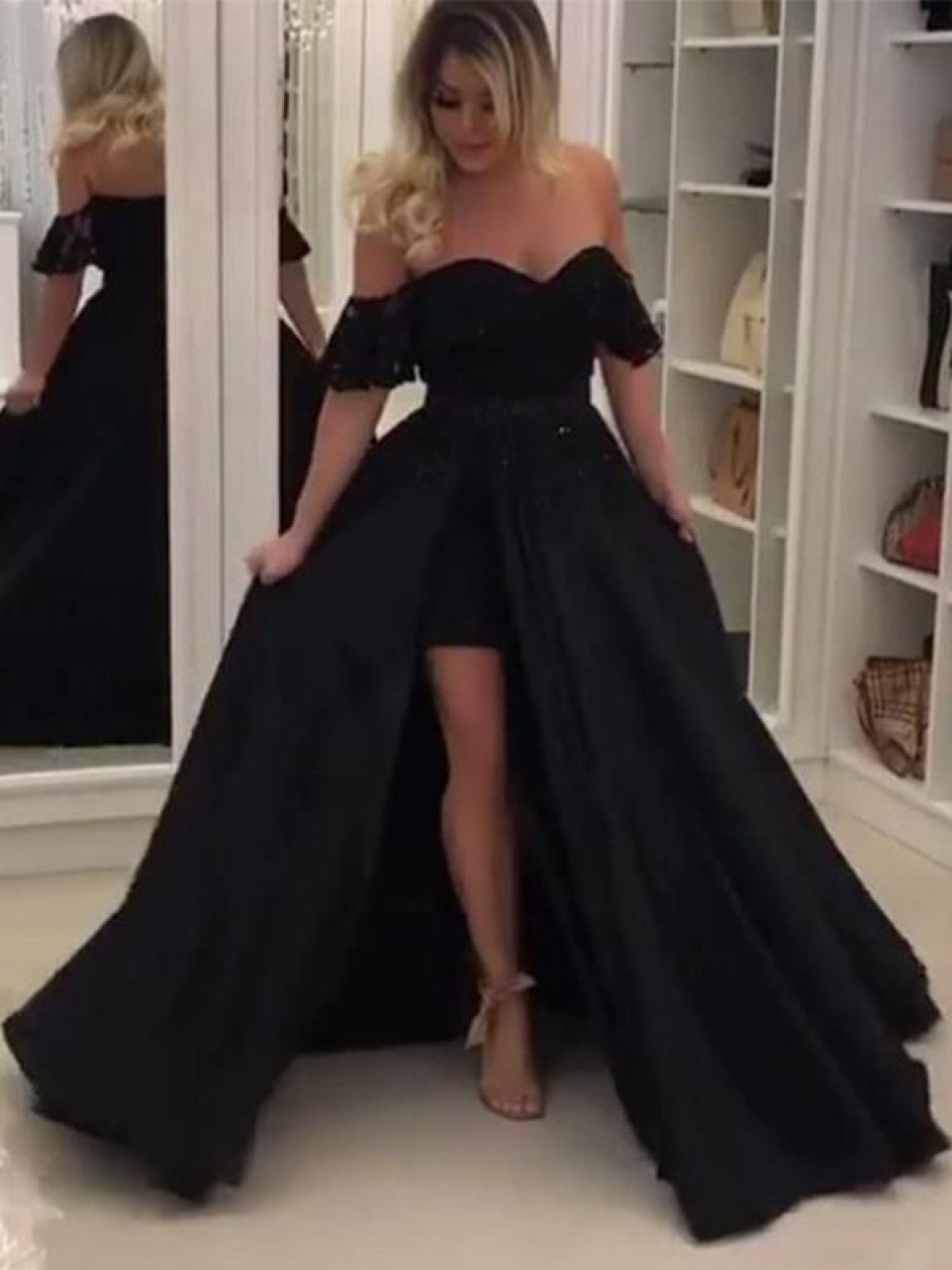 LTP0439,Off The Shoulder High Low Sweetheart Satin Simple Pleated Black Prom Dresses