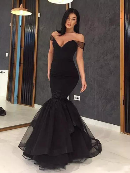 LTP0442,Black off the shoulder mermaid long prom dress