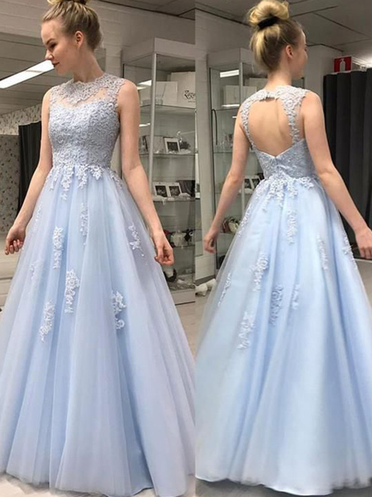 LTP0672,Light blue long prom dress,back hole tulle lace evening prom dresses