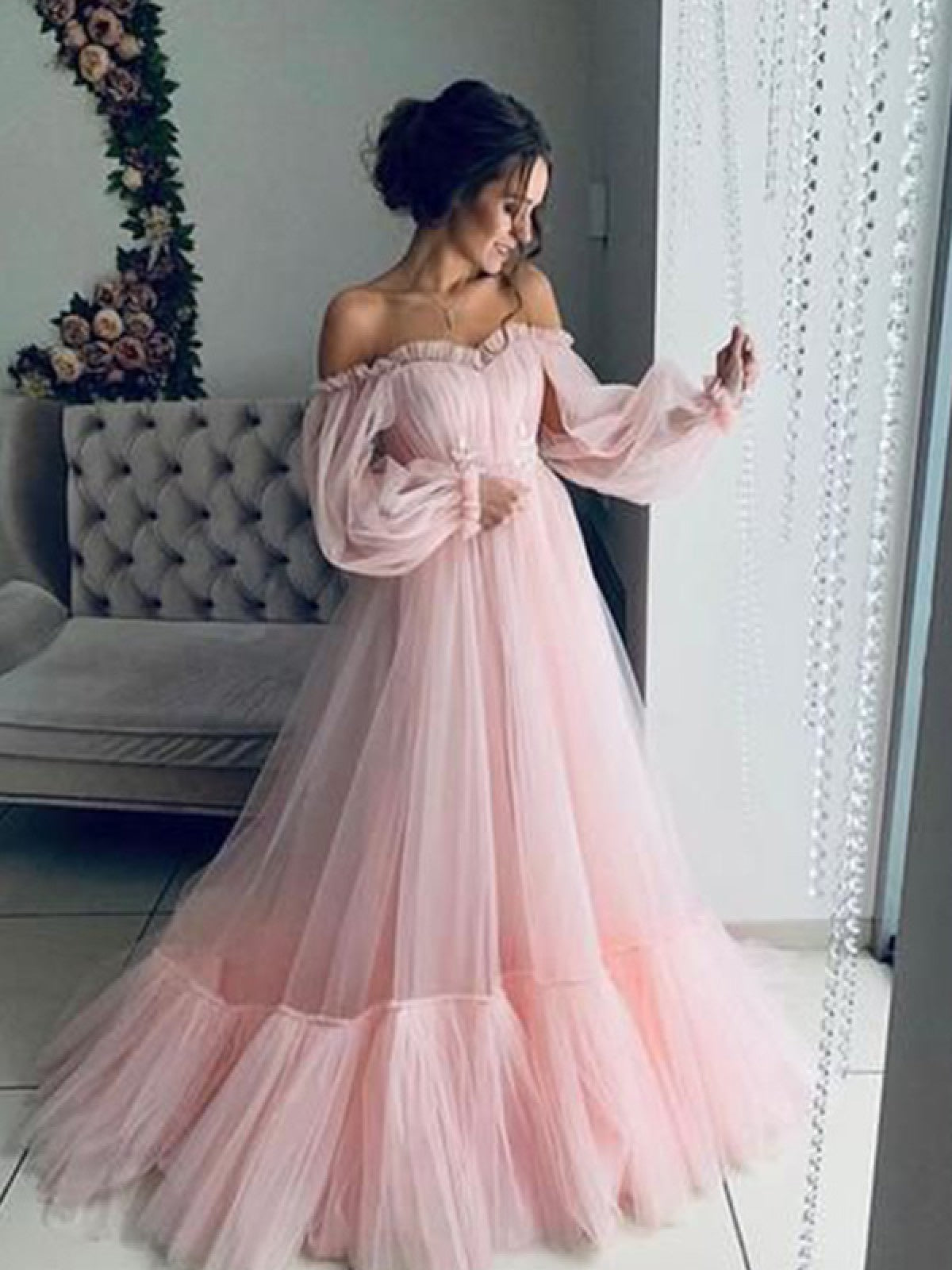 LTP0557,Princess Tulle Prom Dresses Off The Shoulder Evening Dress Long Evening Gown Pink Prom Dress