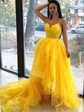 LTP1190,Unique Straps Yellow Ball Gown with Train,Hi-Lo Tulle Beaded Prom Evening Dresses