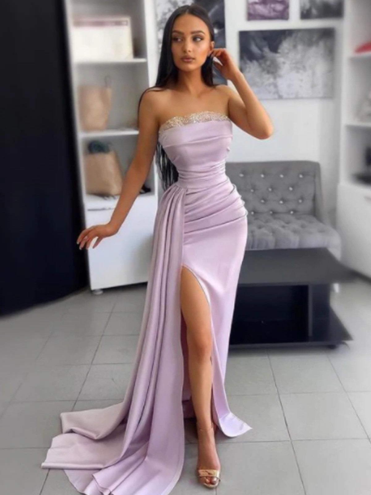 bodycon prom dress Long Metallic with Corset Fuchsia / 6 Shine bright like a star in this stunning mermaid LTP1598,Light Purple Strapless Long Prom