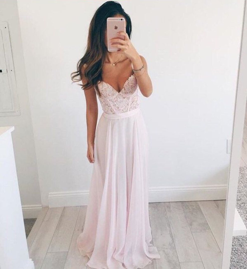 LTP1099,Pink chiffon lace full length prom dresses long evening gown
