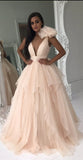 LTP0406,Light Pink Ruffles Prom Dresses A-Line Evening Gown With Deep V-Neck