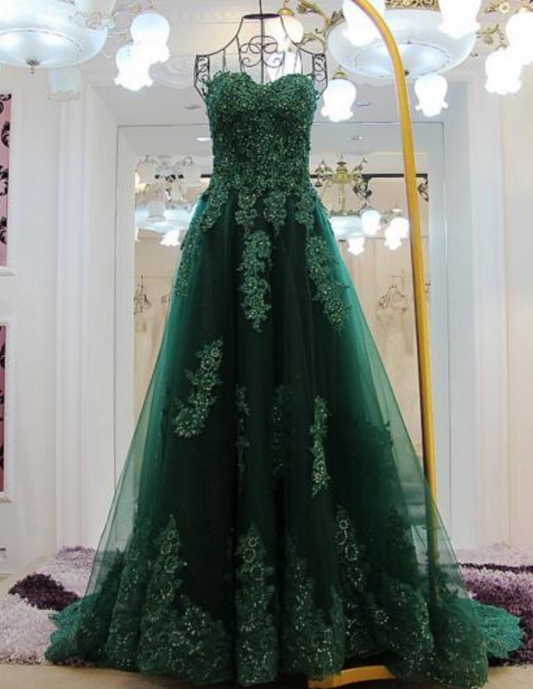 LTP0645,Sweetheart Long Lace Prom Dresses,Green Sweep Train Prom Gowns,Formal Evening Dresses,Lace Up Party Dresses