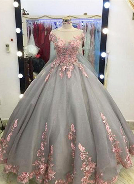 LTP0671,Unique Grey Long Ball Gown,Appliqued Cap Sleeves Prom Dress,Big Wedding Dresses,Grey Formal Evening Dress,Gray Quinceanera Dresses