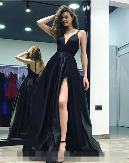 LTP0567,Black Spaghetti Straps Long Prom Dresses Split Black Evening Gown