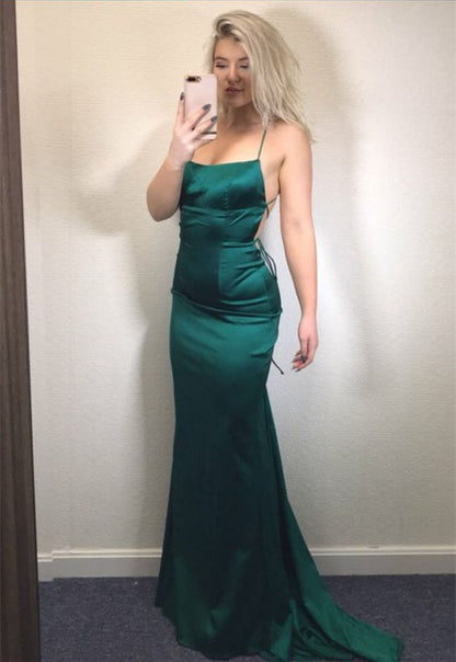 LTP0692,Green prom dress satin mermaid cross back long evening dress