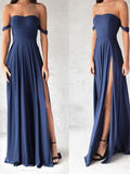 LTP0296,Off the shoulder prom dress blue satin prom dresses long dance gown