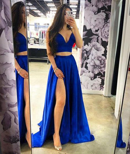 LTP0217,Two pieces prom dresses royal blue evening dresses satin long prom dress