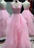 LTP1040,Pink spaghetti straps tulle long prom dress evening formal gown